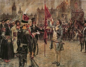 Tadeusz Kosciuszko 1794. március 24-én érkezik Krakkóba, hogy összegyűjtse a lengyeleket az 1911-es orosz invázió elleni küzdelemre.